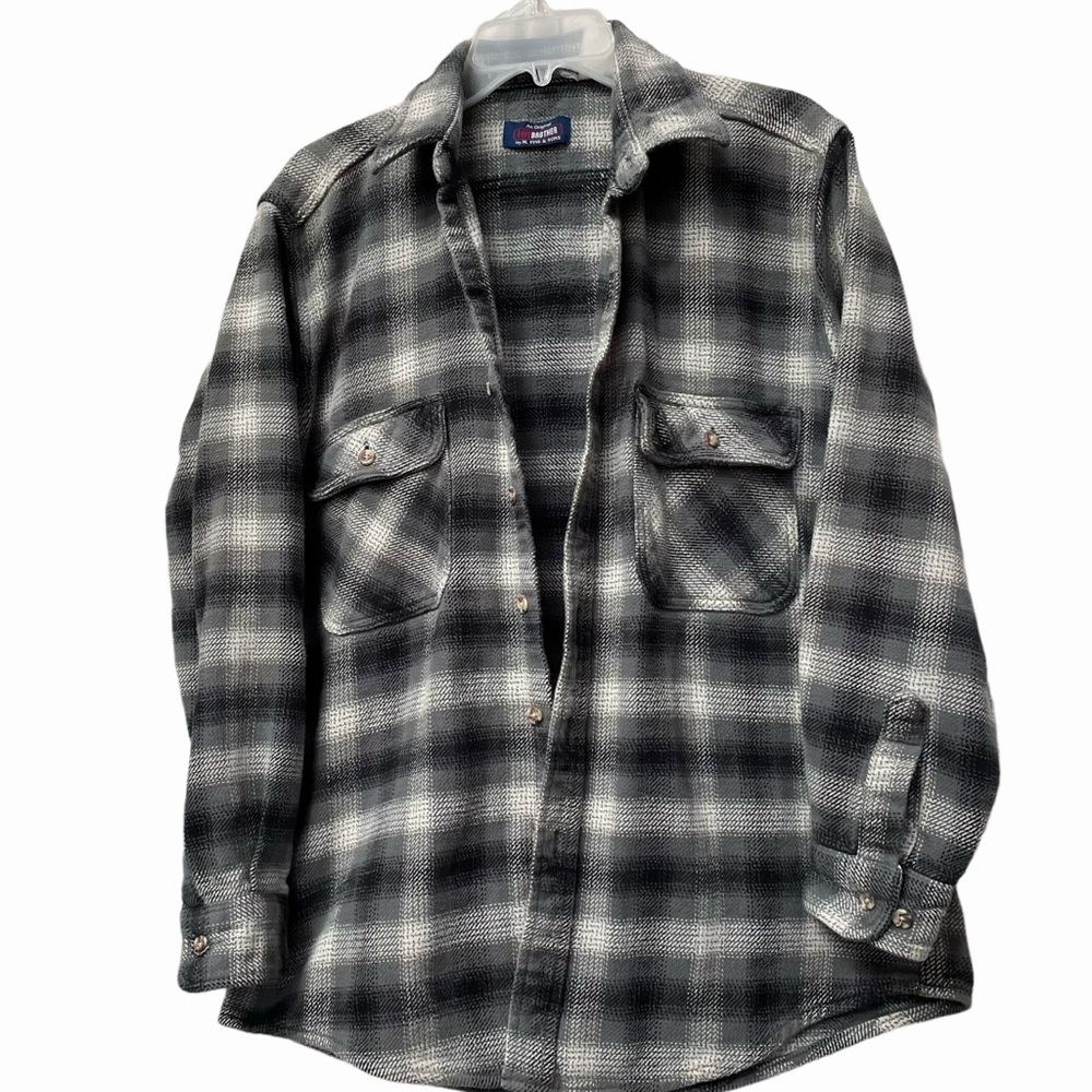 Five Brother Thick Flannel Shirt Black Gray White Plaid size M